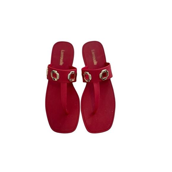 Larroude Women's Red Gold Milan Grommet Thong Sandals Size 8/9 38 EU NEW $140 - Picture 1 of 5